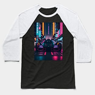 Dark Neon Sports Car in Japanese Neon City Baseball T-Shirt